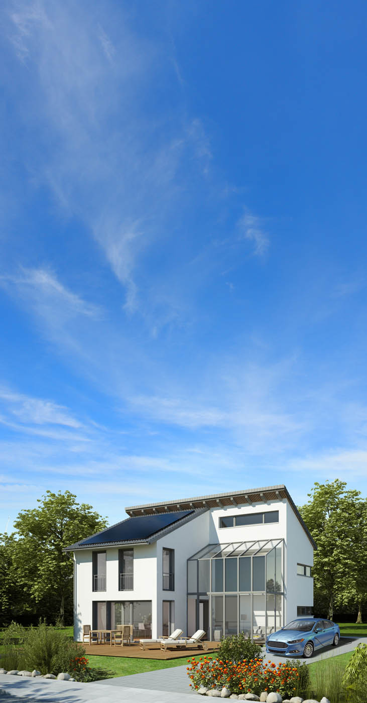 A modern, white home with sun panels installed on the roof provided by Solar Energy Partners solar providers in SC & GA.
